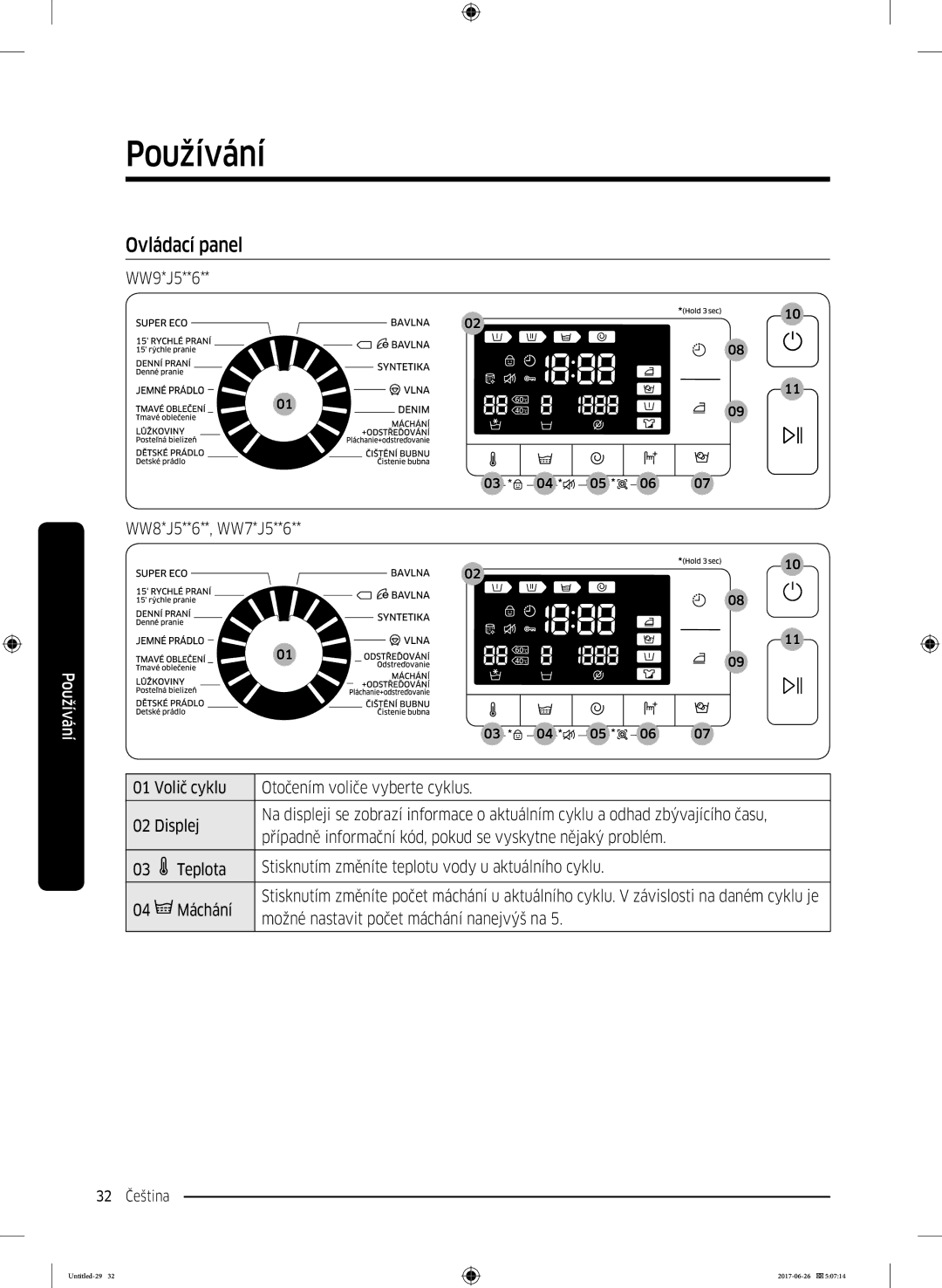 Samsung WW70J5446DW/ZE, WW80J5446FW/ZE, WW70J5446FW/ZE Používání, Ovládací panel, Možné nastavit počet máchání nanejvýš na 