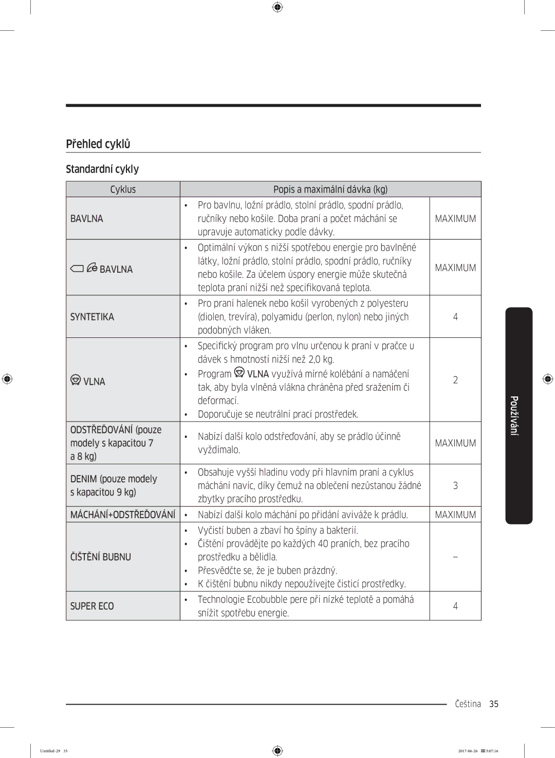 Samsung WW90J5446FW/ZE, WW80J5446FW/ZE, WW70J5446FW/ZE, WW70J5446EW/ZE, WW80J5446DW/ZE manual Přehled cyklů, Standardní cykly 