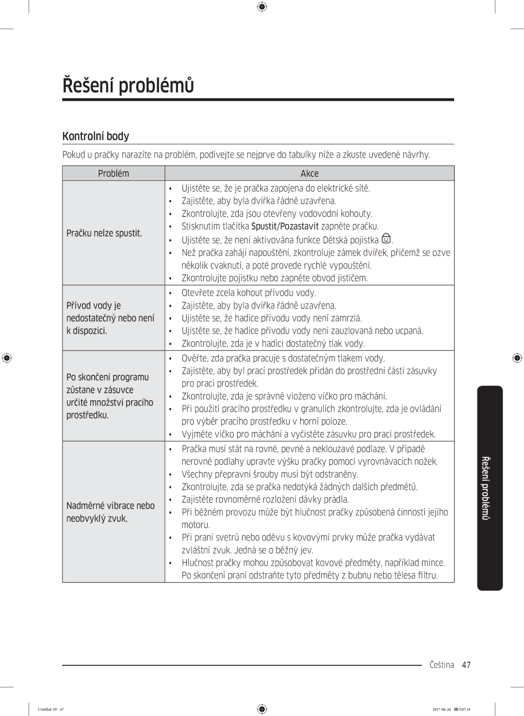 Samsung WW70J5446EW/ZE, WW80J5446FW/ZE, WW70J5446FW/ZE, WW80J5446DW/ZE, WW90J5446DW/ZE manual Řešení problémů, Kontrolní body 