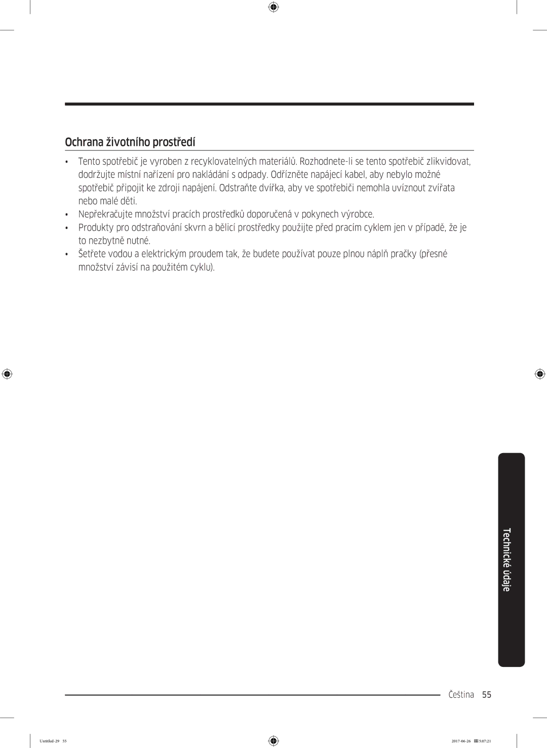 Samsung WW70J5446FW/ZE, WW80J5446FW/ZE, WW70J5446EW/ZE, WW80J5446DW/ZE, WW90J5446DW/ZE manual Ochrana životního prostředí 