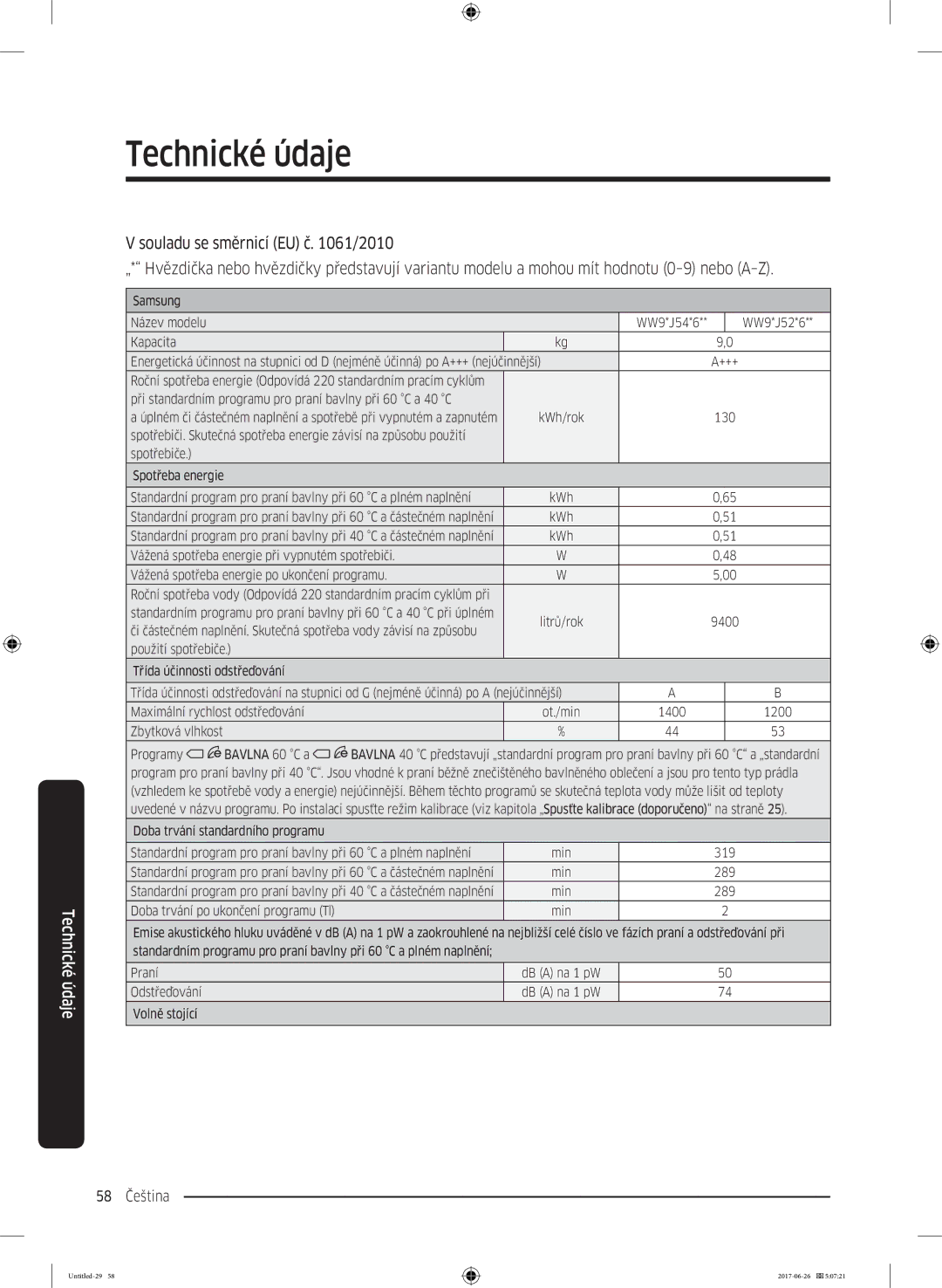 Samsung WW90J5446DW/ZE, WW80J5446FW/ZE, WW70J5446FW/ZE, WW70J5446EW/ZE, WW80J5446DW/ZE, WW70J5446DW/ZE manual 58 Čeština 