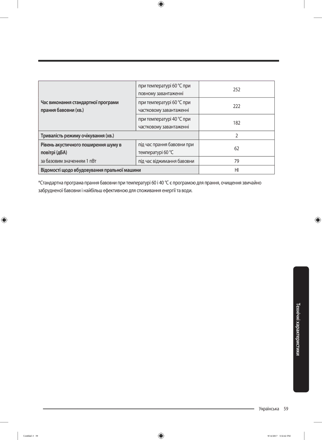 Samsung WW80J5545FW/LP, WW80J5545FX/LP manual Прання бавовни хв, Повітрі дБА, Відомості щодо вбудовування пральної машини 