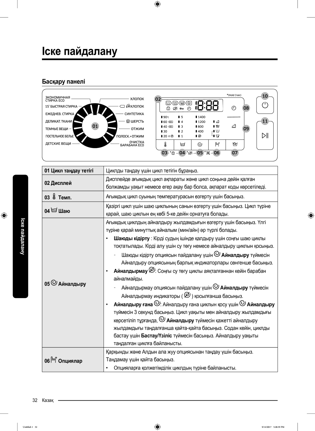 Samsung WW80J5545FX/LP, WW80J5545FW/LP manual Іске пайдалану, Басқару панелі 