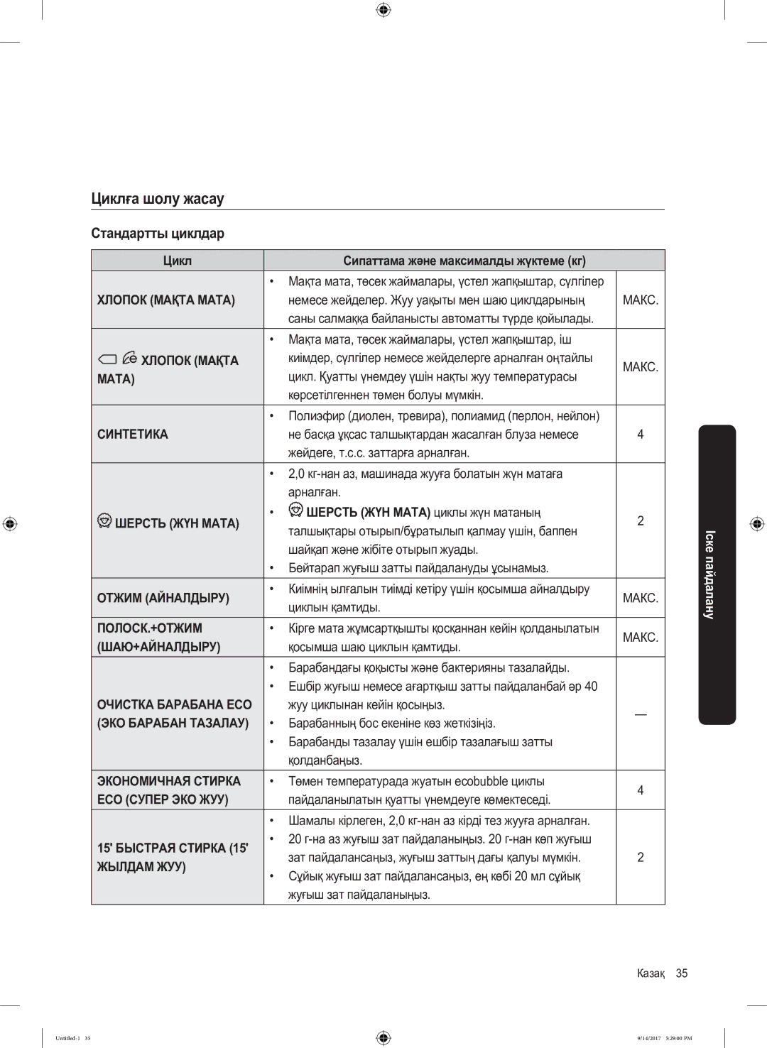 Samsung WW80J5545FW/LP, WW80J5545FX/LP manual Циклға шолу жасау, Стандартты циклдар 