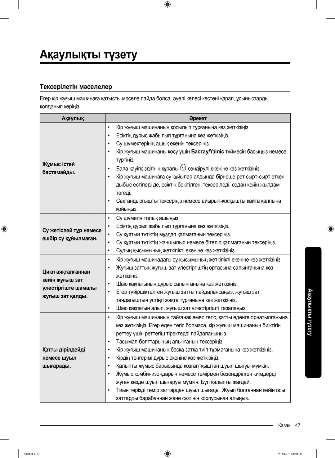 Samsung WW80J5545FW/LP, WW80J5545FX/LP manual Ақаулықты түзету, Тексерілетін мәселелер 