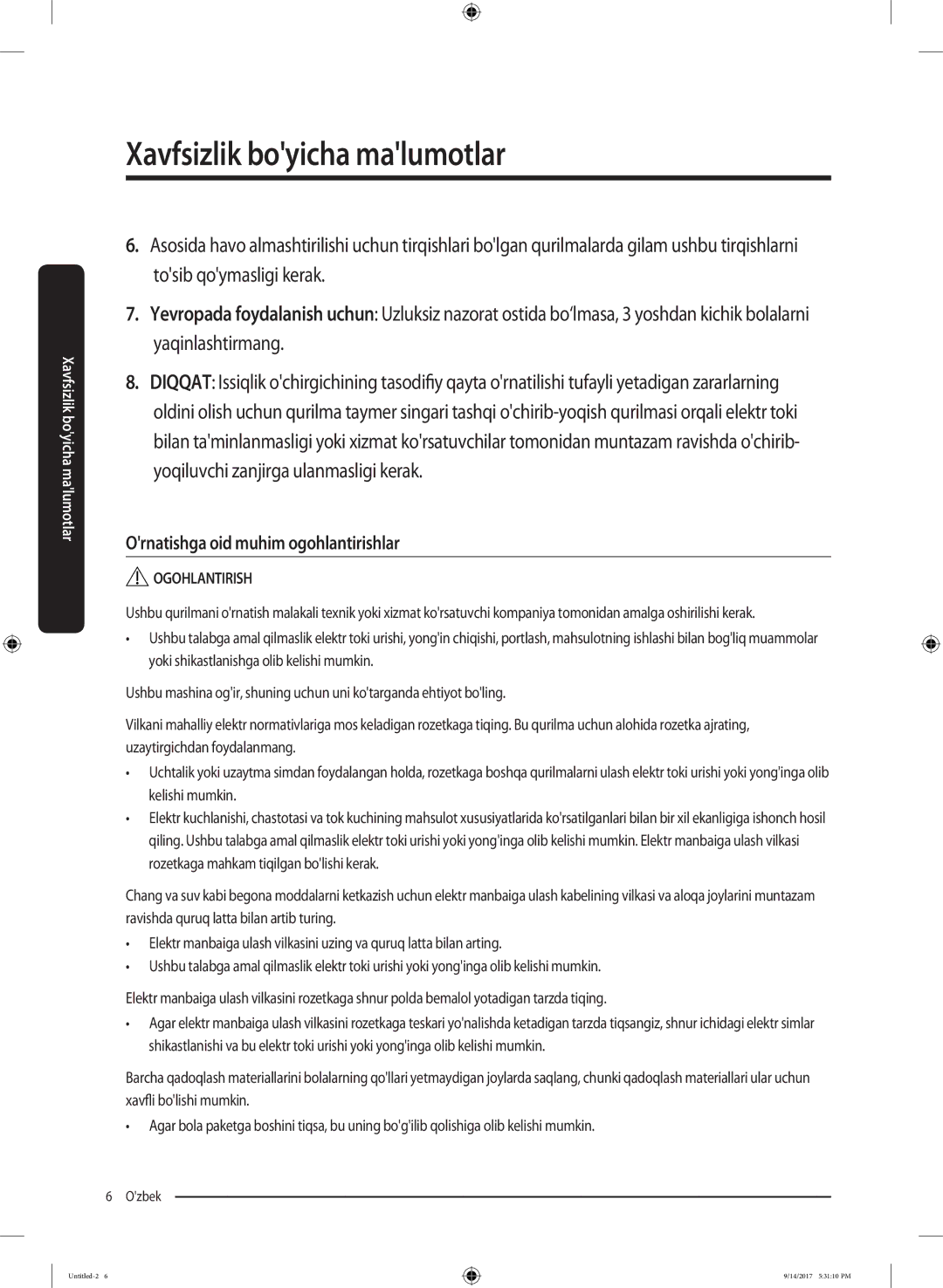 Samsung WW80J5545FX/LP, WW80J5545FW/LP manual Ornatishga oid muhim ogohlantirishlar 