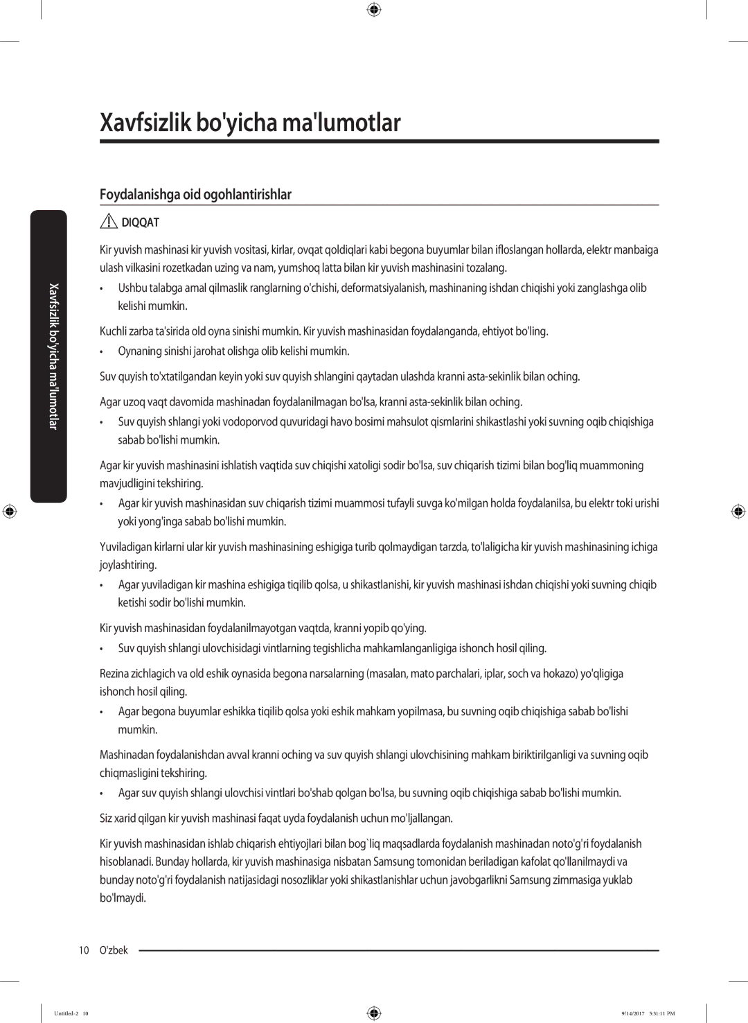 Samsung WW80J5545FX/LP, WW80J5545FW/LP manual Foydalanishga oid ogohlantirishlar 