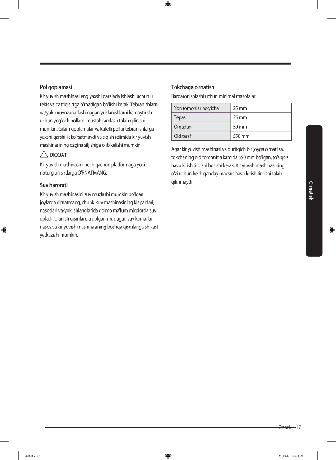 Samsung WW80J5545FW/LP, WW80J5545FX/LP manual Pol qoplamasi, Suv harorati, Tokchaga ornatish 