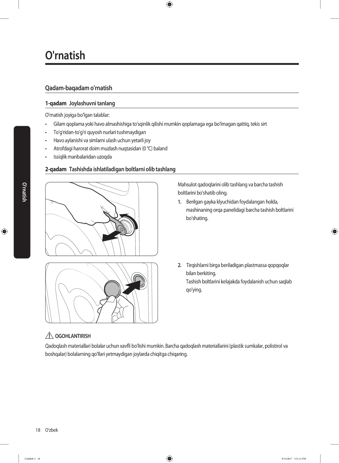 Samsung WW80J5545FX/LP, WW80J5545FW/LP manual Qadam-baqadam ornatish, Qadam Joylashuvni tanlang 