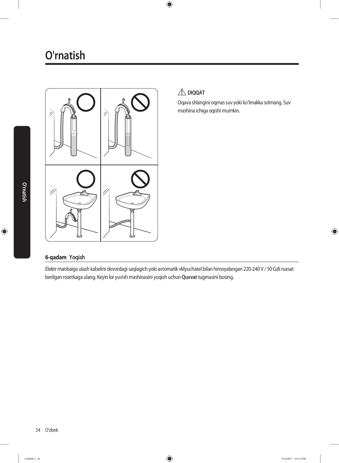 Samsung WW80J5545FX/LP, WW80J5545FW/LP manual Qadam Yoqish, Diqqat 