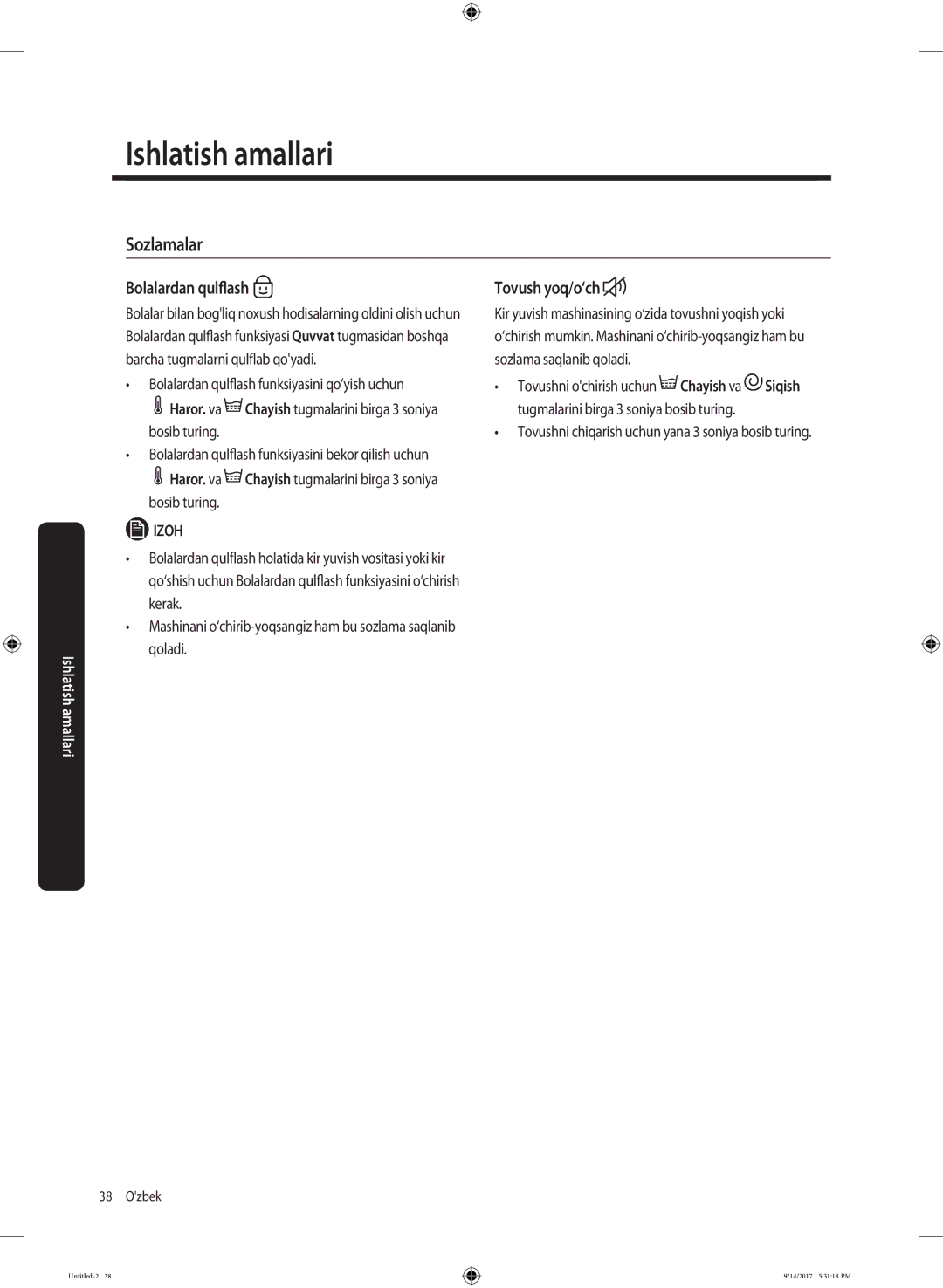 Samsung WW80J5545FX/LP, WW80J5545FW/LP manual Sozlamalar, Bolalardan qulflash, Tovush yoq/o‘ch 