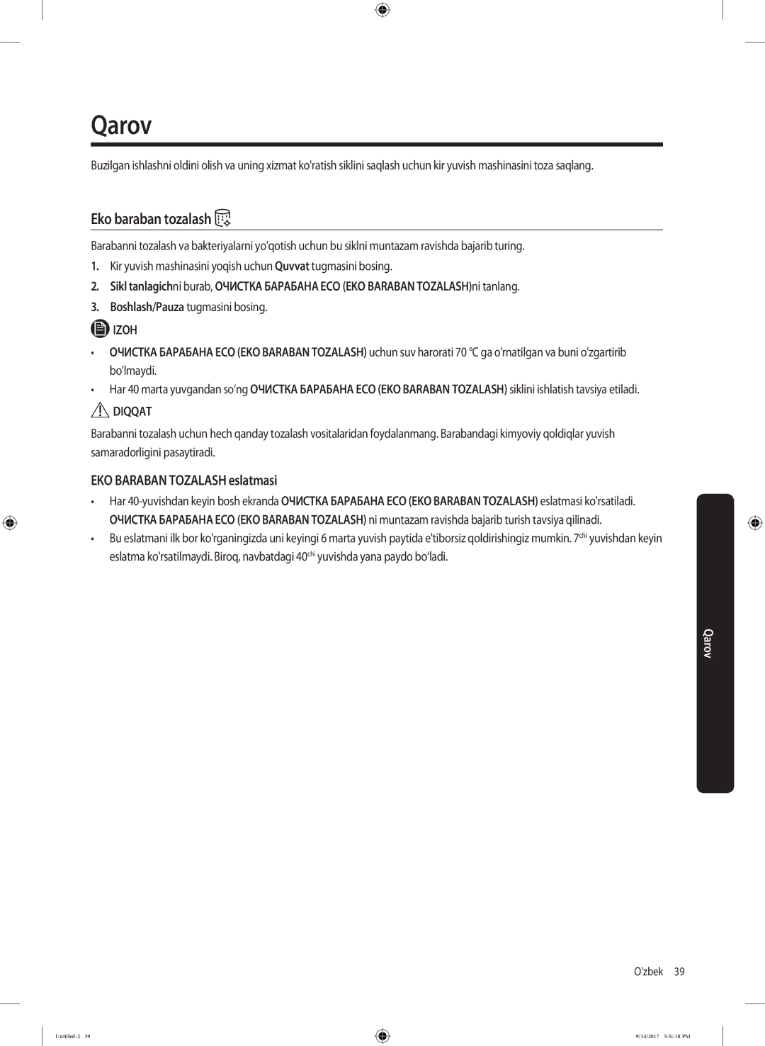 Samsung WW80J5545FW/LP, WW80J5545FX/LP manual Qarov, Eko baraban tozalash, EKO Baraban Tozalash eslatmasi 