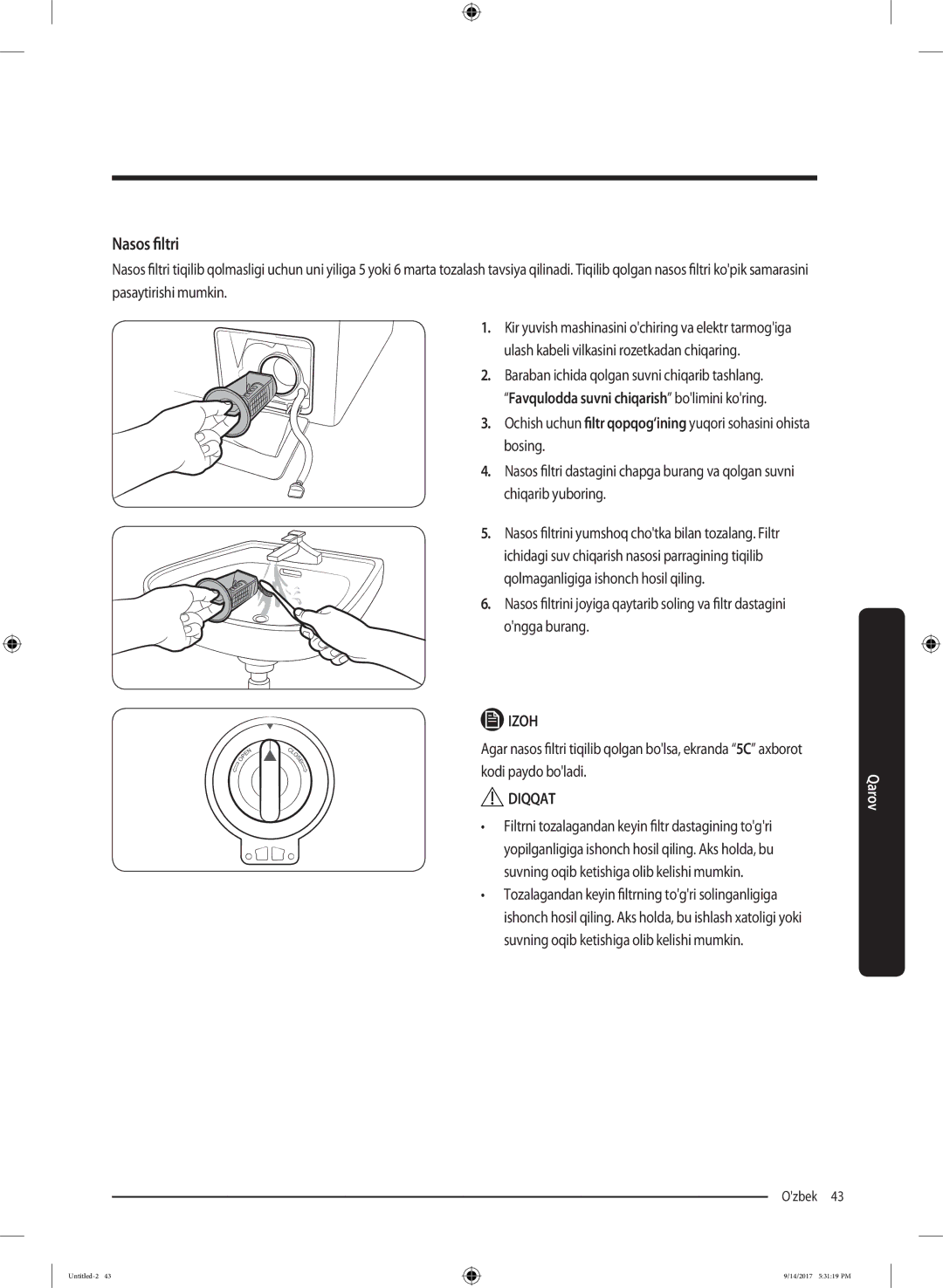 Samsung WW80J5545FW/LP, WW80J5545FX/LP manual Nasos filtri, Diqqat 