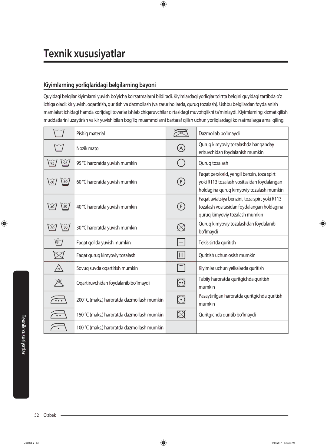 Samsung WW80J5545FX/LP, WW80J5545FW/LP manual Texnik xususiyatlar, Kiyimlarning yorliqlaridagi belgilarning bayoni 