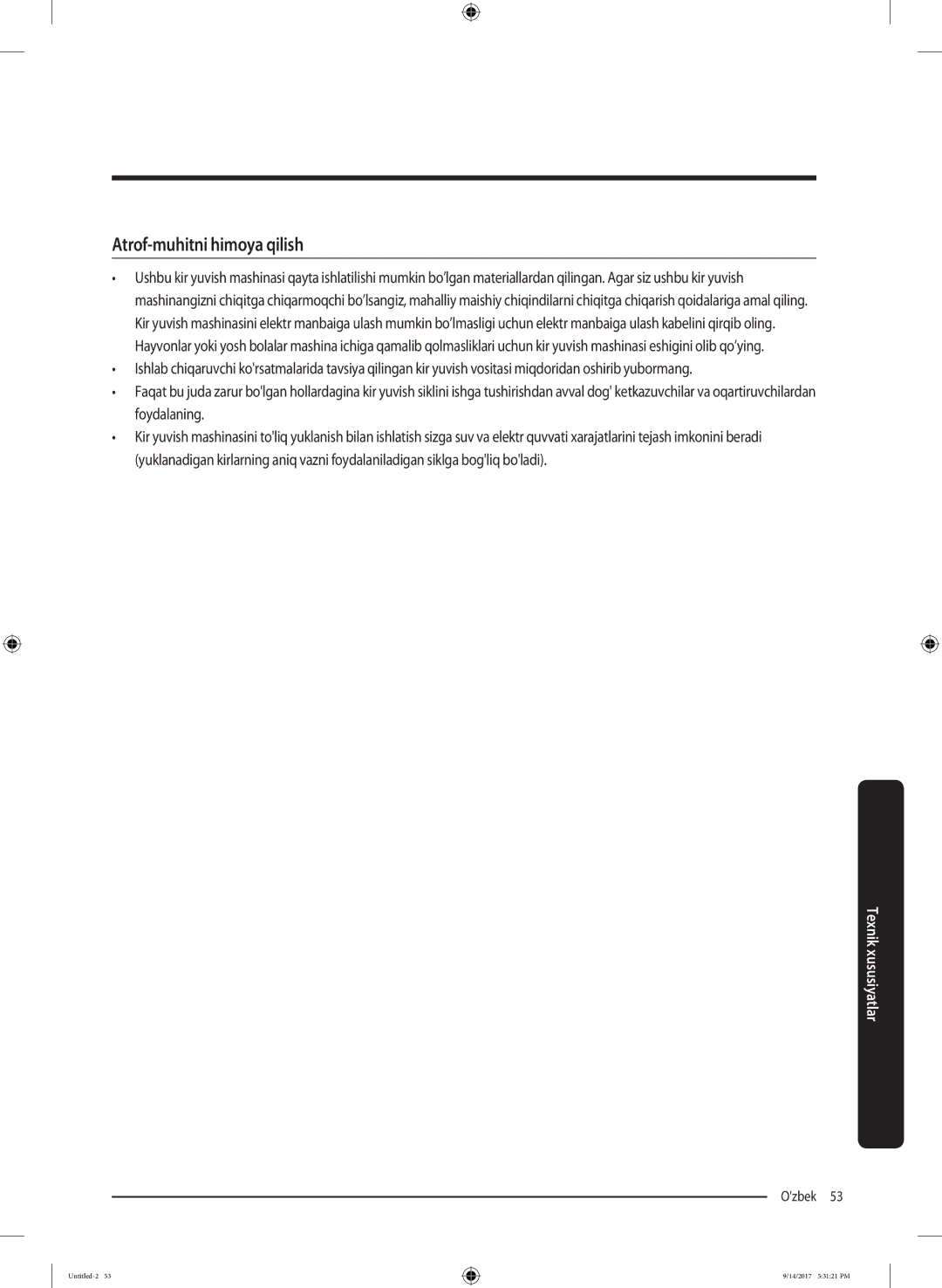 Samsung WW80J5545FW/LP, WW80J5545FX/LP manual Atrof-muhitni himoya qilish 