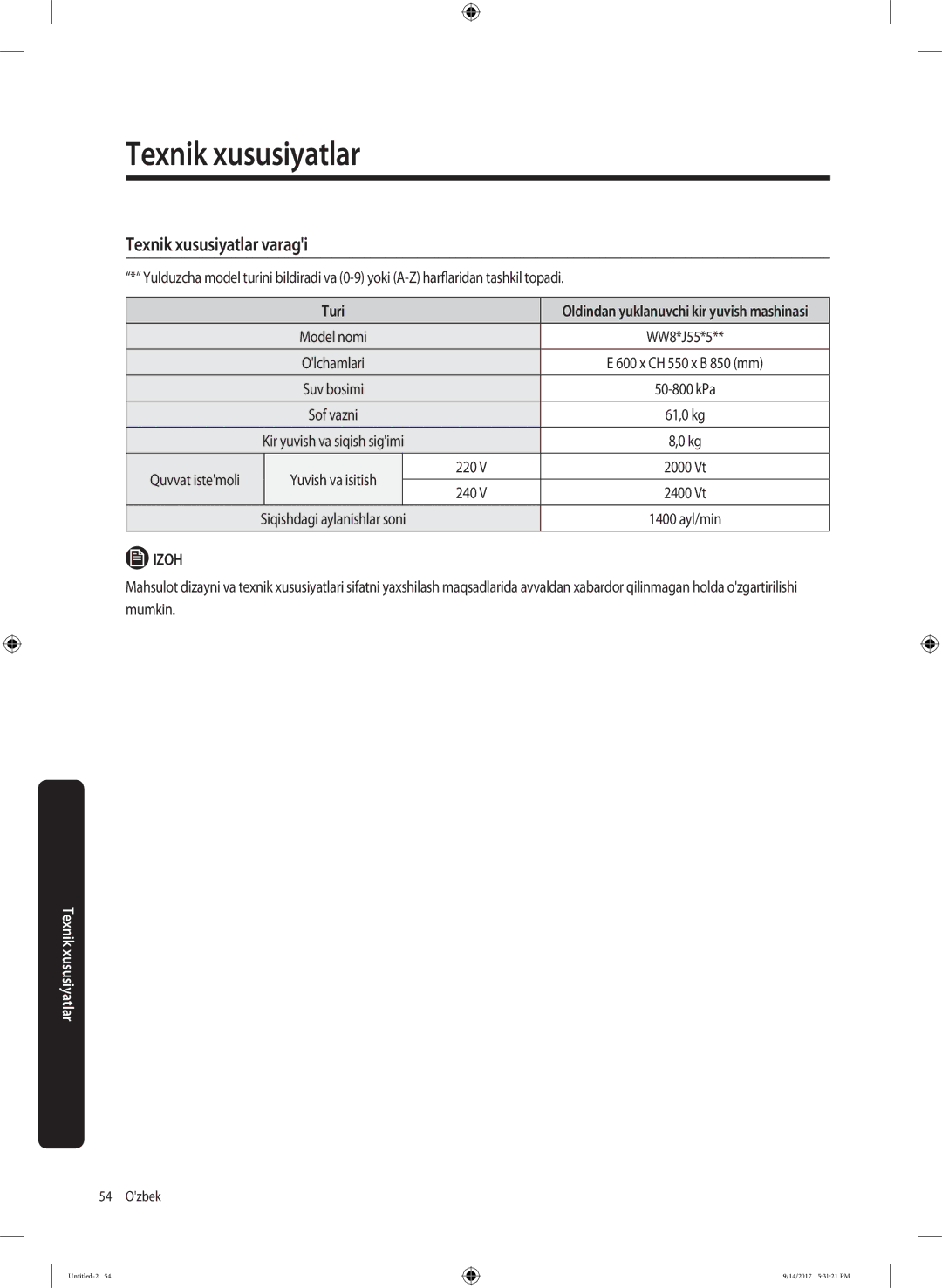 Samsung WW80J5545FX/LP, WW80J5545FW/LP manual Texnik xususiyatlar varagi, Turi, Quvvat istemoli, 220, 240 