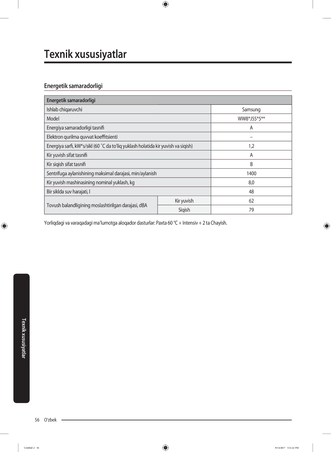 Samsung WW80J5545FX/LP, WW80J5545FW/LP manual Energetik samaradorligi, Ishlab chiqaruvchi, Model 