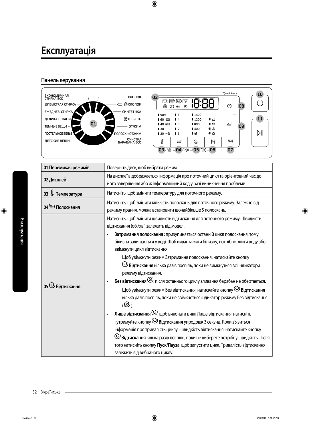 Samsung WW80J5545FX/LP, WW80J5545FW/LP manual Експлуатація, Панель керування, Полоскання, Відтискання 