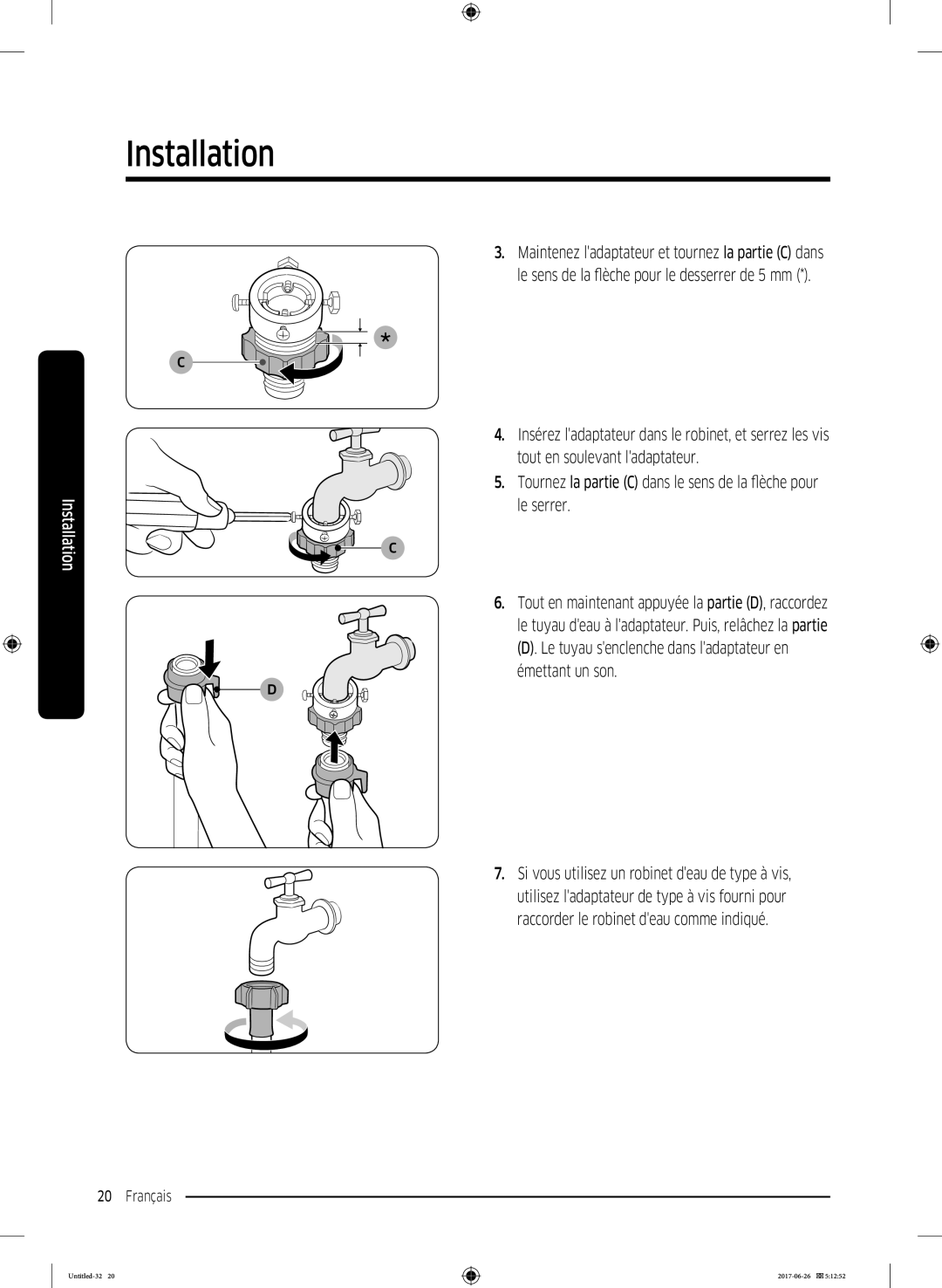 Samsung WW80J5556DW/EF, WW80J5556FX/EF, WW70J5556DW/EF manual Tout en soulevant ladaptateur, Le serrer, Émettant un son 