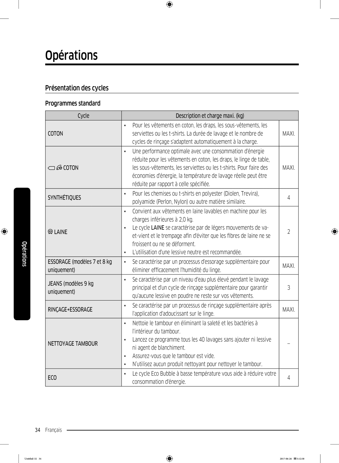 Samsung WW70J5556DW/EF, WW80J5556DW/EF, WW80J5556FX/EF, WW70J5556FX/EF manual Présentation des cycles, Programmes standard 