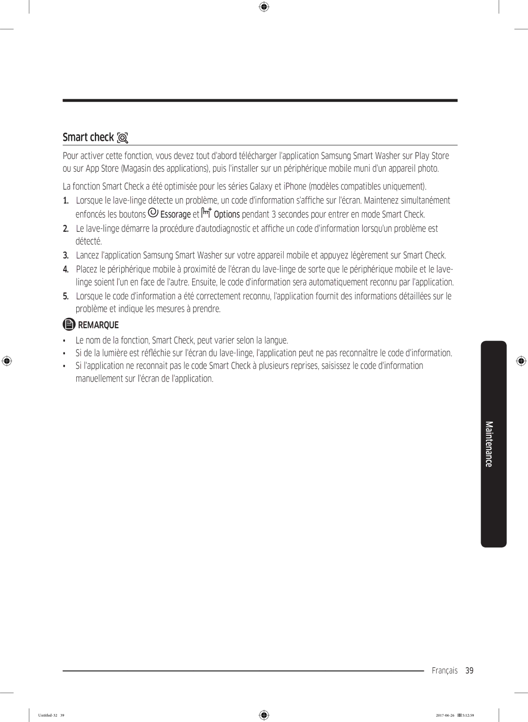 Samsung WW70J5556FX/EF, WW80J5556DW/EF, WW80J5556FX/EF, WW70J5556DW/EF manual Smart check 