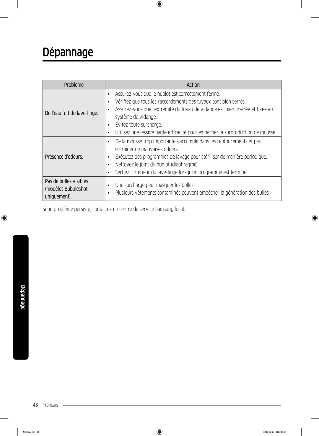 Samsung WW80J5556DW/EF manual Système de vidange, Évitez toute surcharge, Entraîner de mauvaises odeurs, Présence dodeurs 