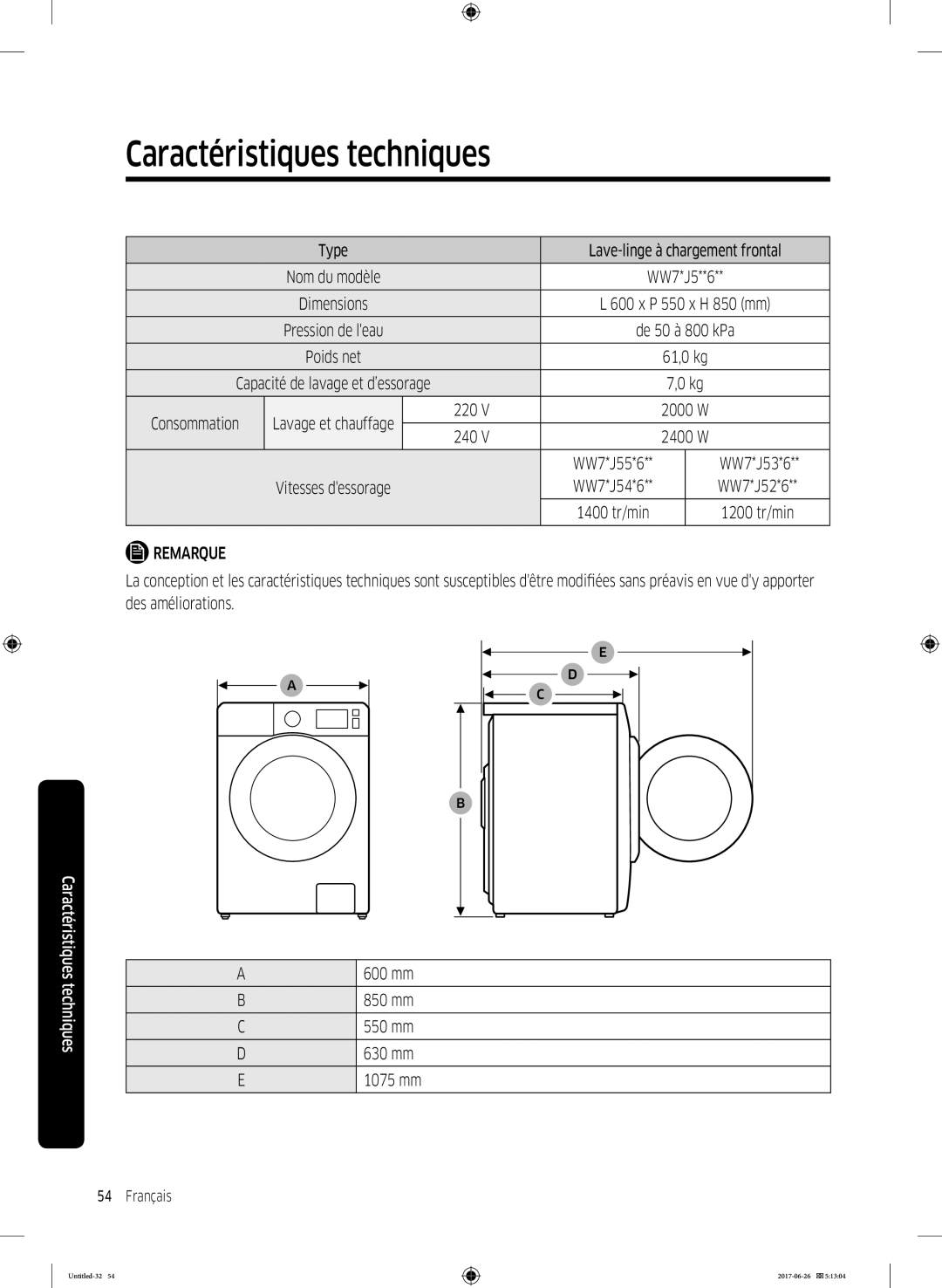 Samsung WW70J5556DW/EF, WW80J5556DW/EF, WW80J5556FX/EF, WW70J5556FX/EF manual Type Lave-linge à chargement frontal 