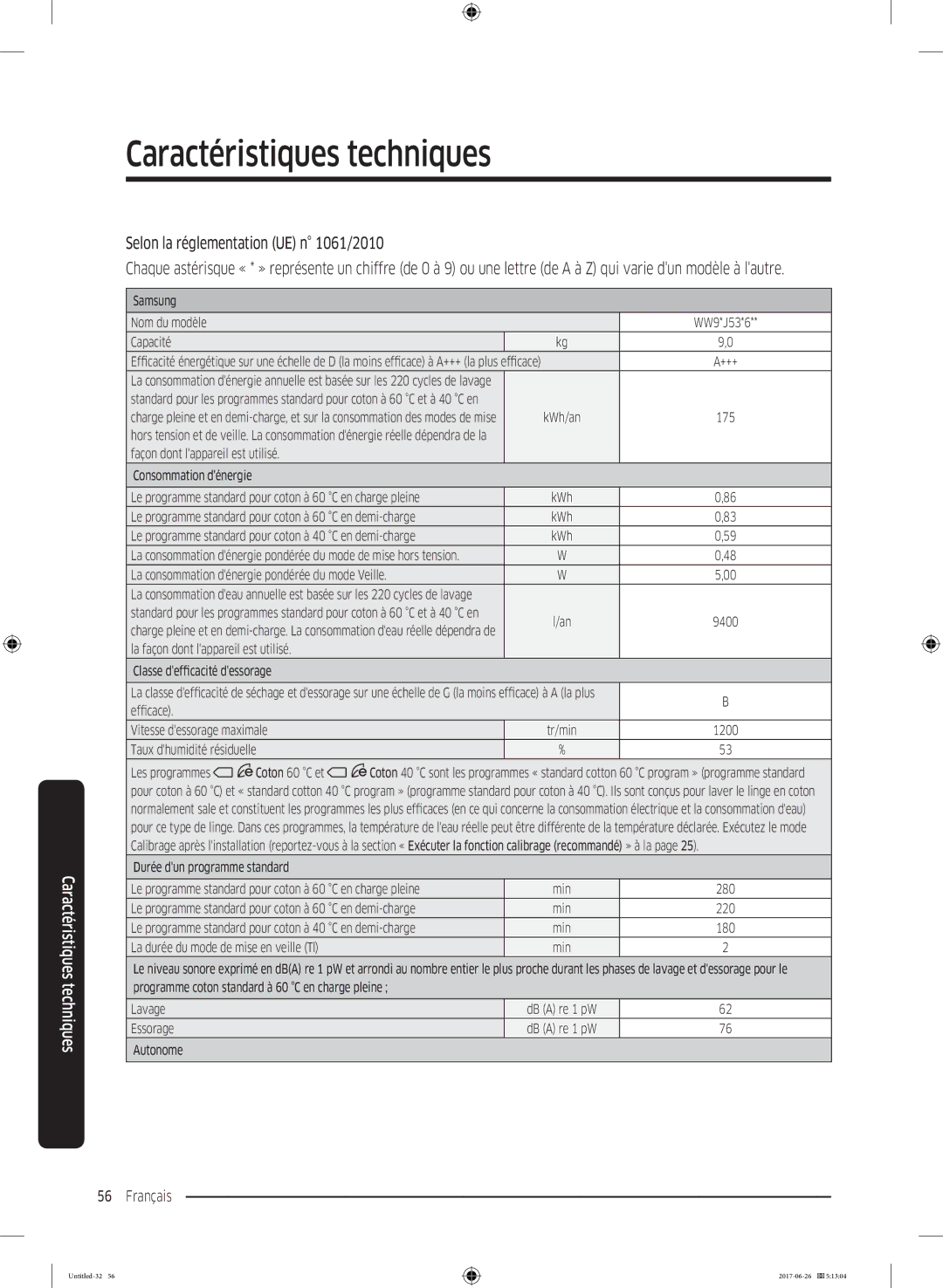 Samsung WW80J5556DW/EF, WW80J5556FX/EF, WW70J5556DW/EF, WW70J5556FX/EF manual En charge pleine Min 280 