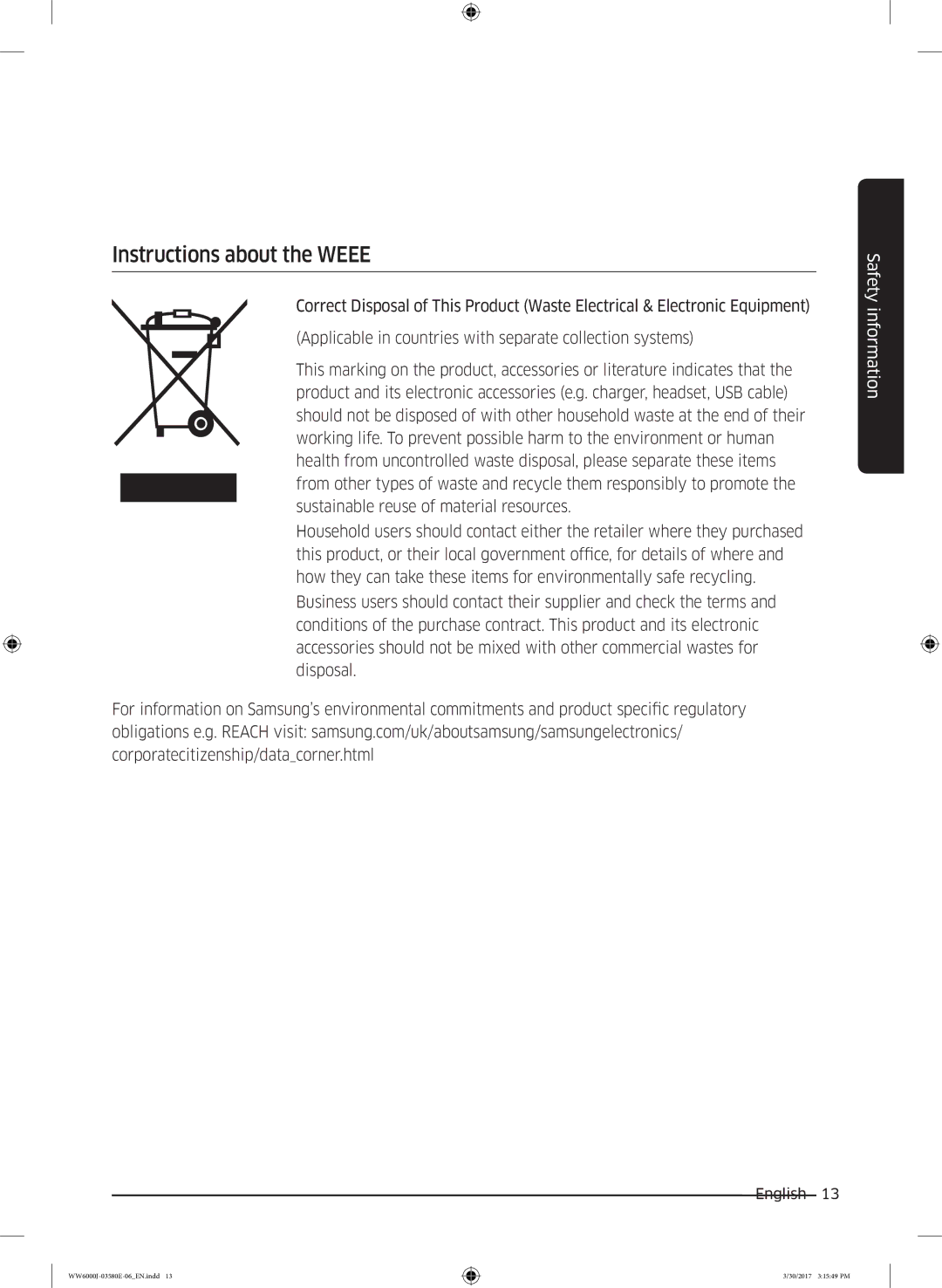 Samsung WW81J6400CW/EN, WW80J6400CW/EG, WW80J6400CW/EN, WW80J6403EW/EN, WW91J6400CW/EN manual Instructions about the Weee 