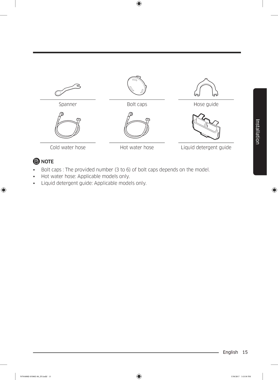 Samsung WW80J6400CW/EG, WW80J6400CW/EN, WW80J6403EW/EN, WW81J6400CW/EN, WW91J6400CW/EN manual Spanner Bolt caps Hose guide 