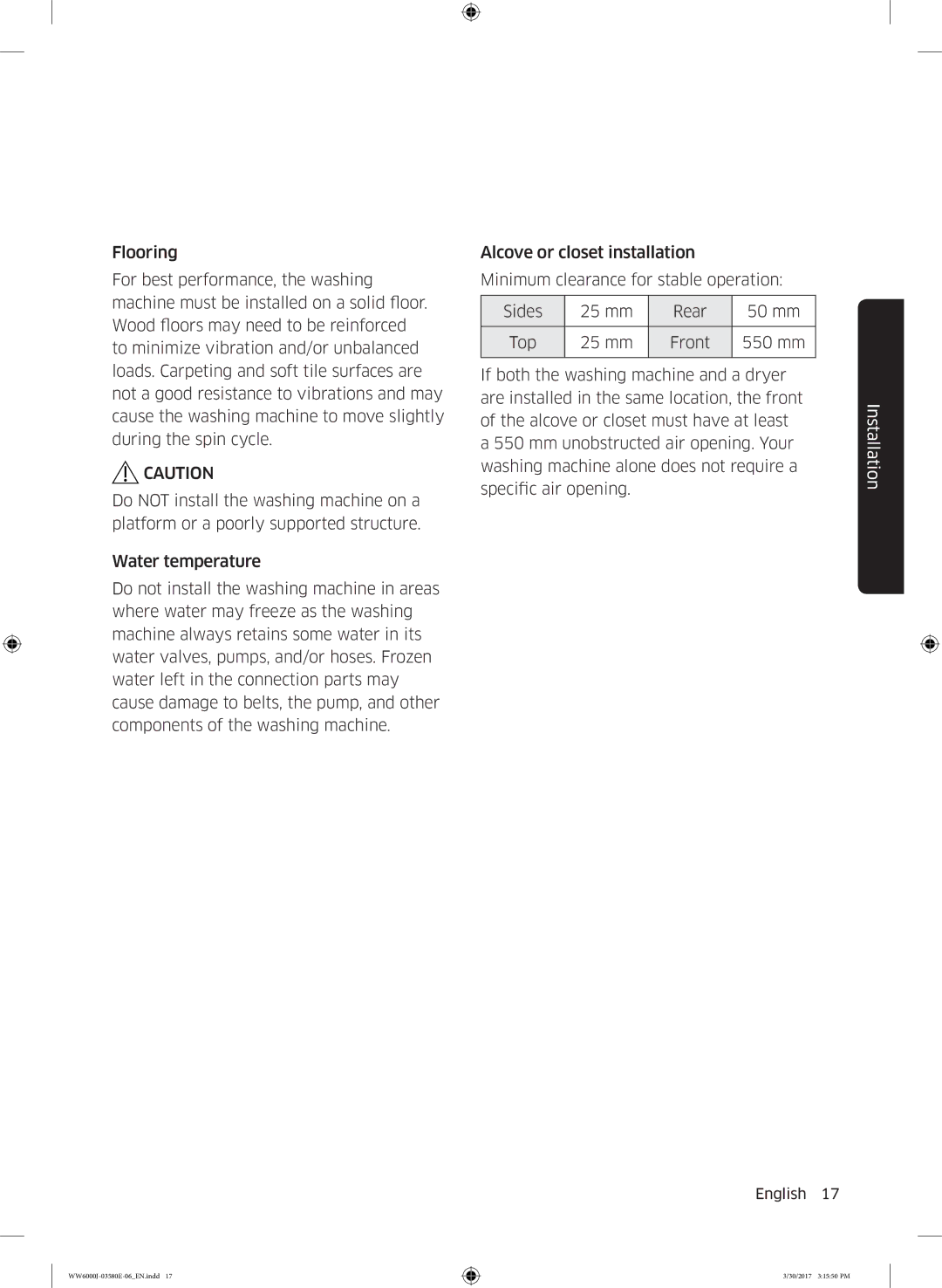 Samsung WW80J6403EW/EN, WW80J6400CW/EG, WW80J6400CW/EN, WW81J6400CW/EN, WW91J6400CW/EN manual Installation 