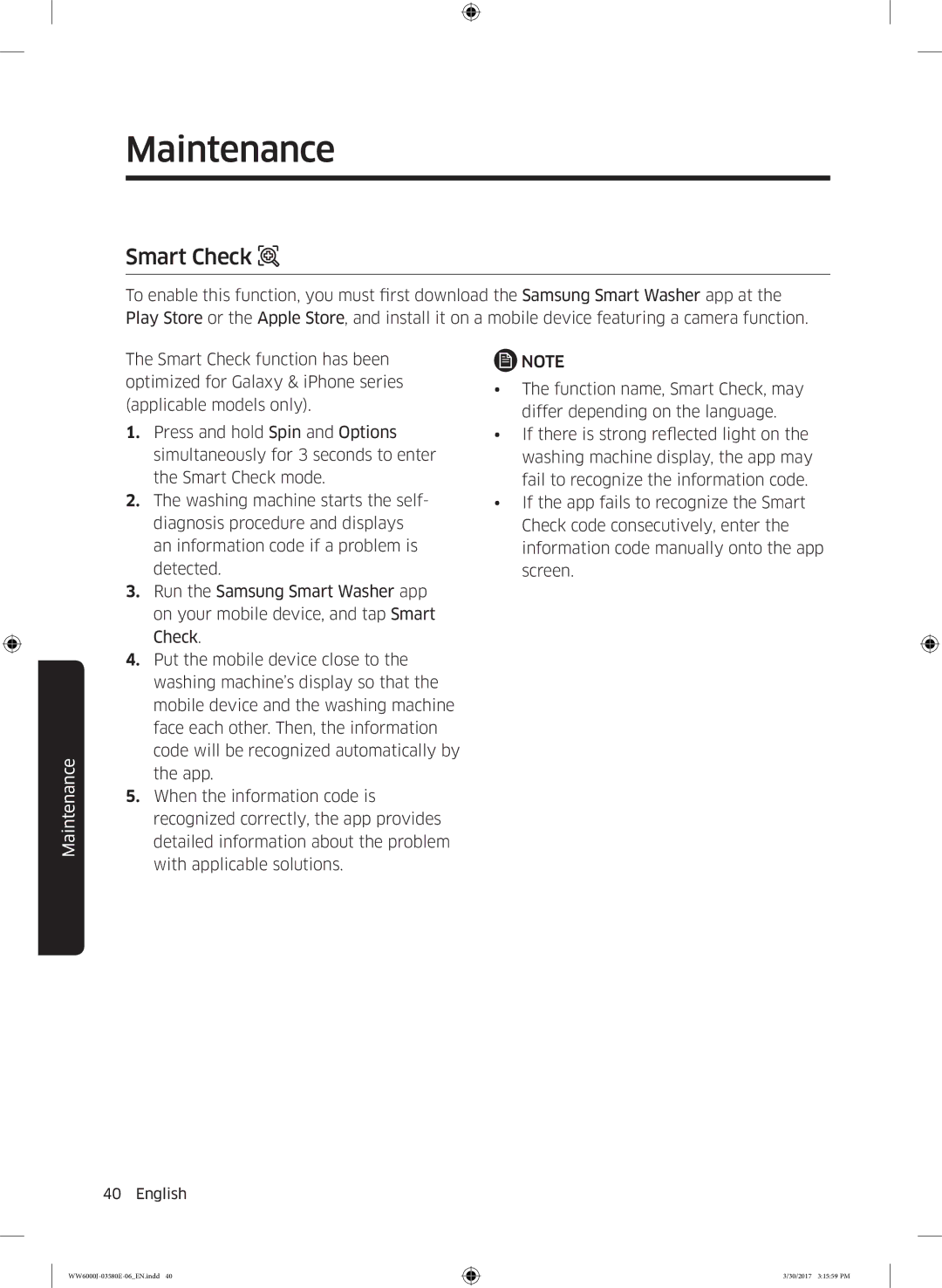 Samsung WW80J6400CW/EG, WW80J6400CW/EN, WW80J6403EW/EN, WW81J6400CW/EN, WW91J6400CW/EN manual Smart Check 