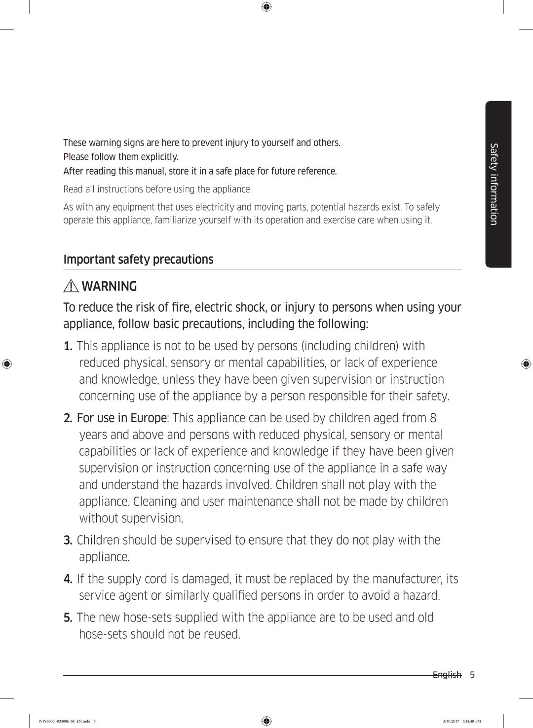 Samsung WW80J6400CW/EG, WW80J6400CW/EN, WW80J6403EW/EN, WW81J6400CW/EN, WW91J6400CW/EN manual Safety information 