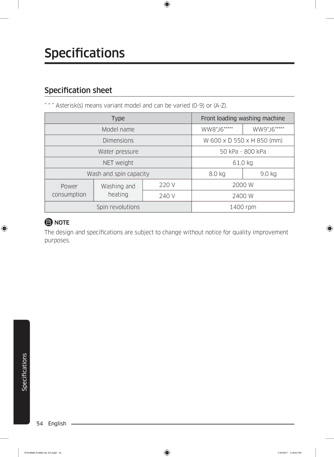 Samsung WW91J6400CW/EN, WW80J6400CW/EG, WW80J6400CW/EN, WW80J6403EW/EN, WW81J6400CW/EN manual Specification sheet 