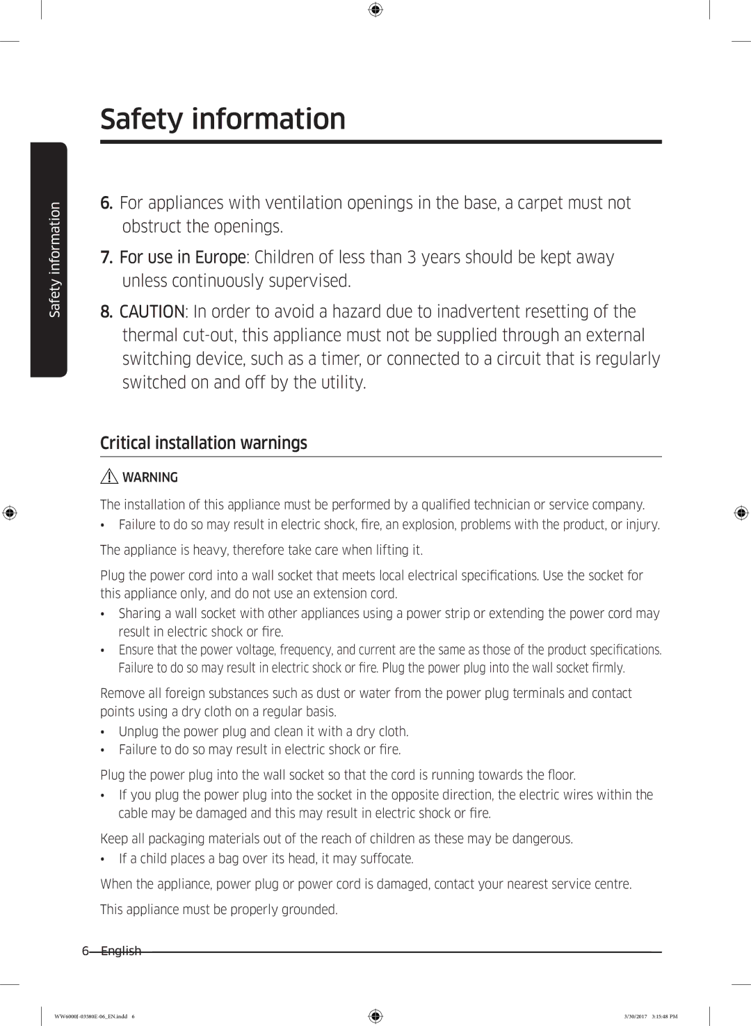 Samsung WW80J6400CW/EN, WW80J6400CW/EG, WW80J6403EW/EN, WW81J6400CW/EN, WW91J6400CW/EN manual Safety information 