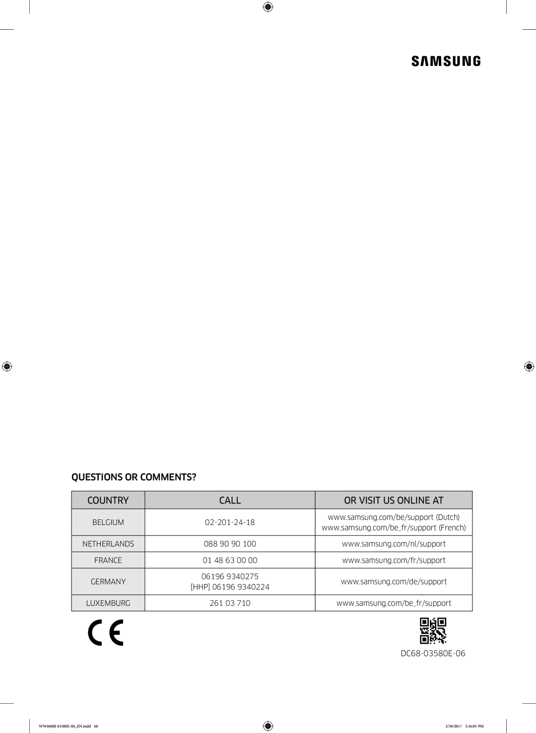 Samsung WW80J6400CW/EG, WW80J6400CW/EN, WW80J6403EW/EN manual Questions or COMMENTS? Country Call Or Visit US Online AT 