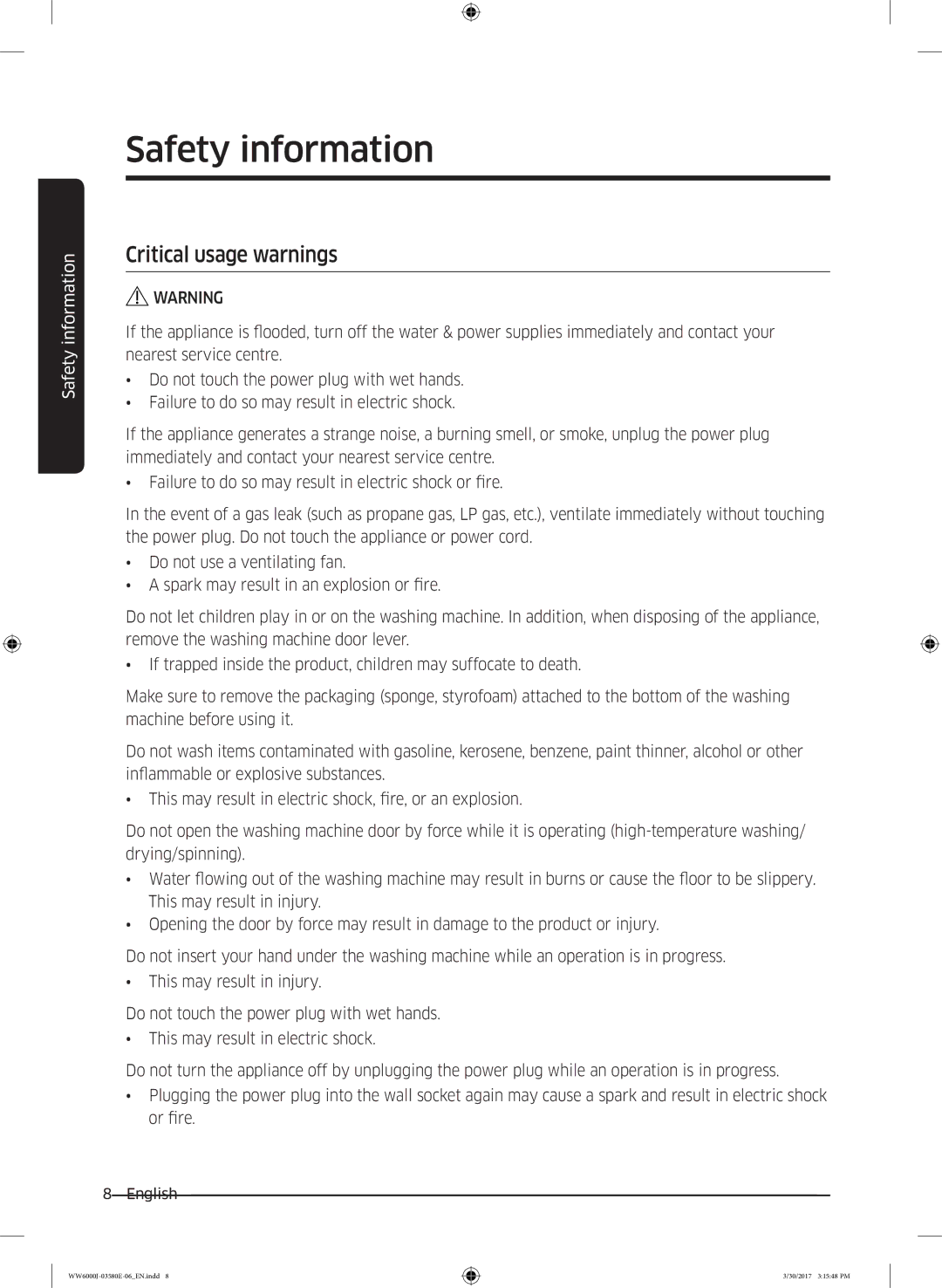 Samsung WW81J6400CW/EN, WW80J6400CW/EG, WW80J6400CW/EN, WW80J6403EW/EN, WW91J6400CW/EN manual Critical usage warnings 