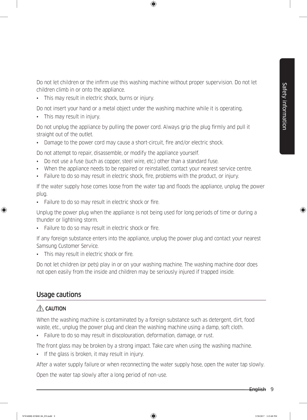 Samsung WW91J6400CW/EN, WW80J6400CW/EG, WW80J6400CW/EN, WW80J6403EW/EN, WW81J6400CW/EN manual Usage cautions 