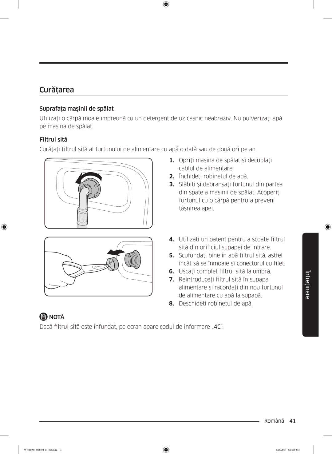 Samsung WW80J6413EW/LE, WW80J6410CW/LE manual Curăţarea 