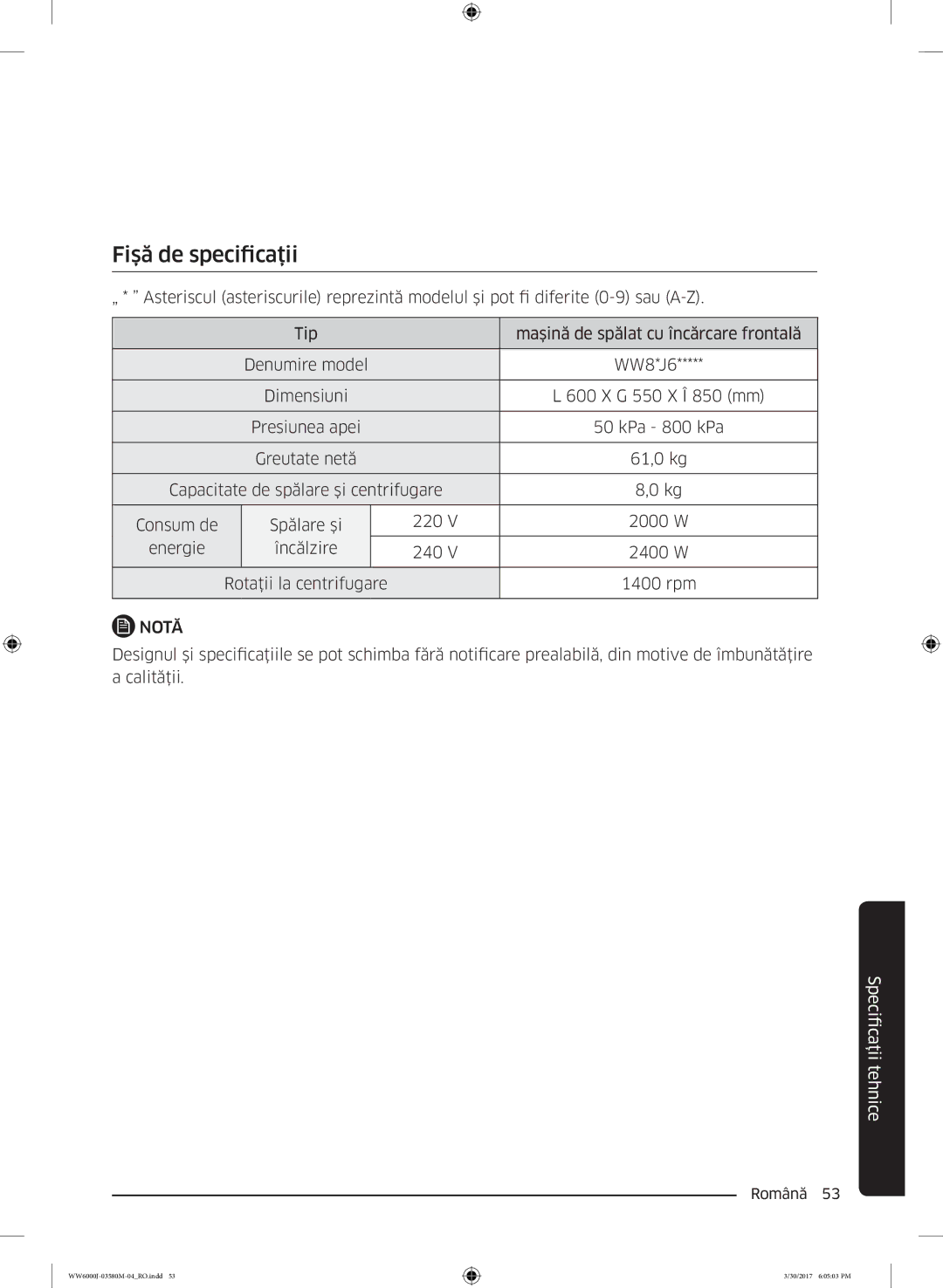 Samsung WW80J6413EW/LE, WW80J6410CW/LE manual Fişă de specificaţii 