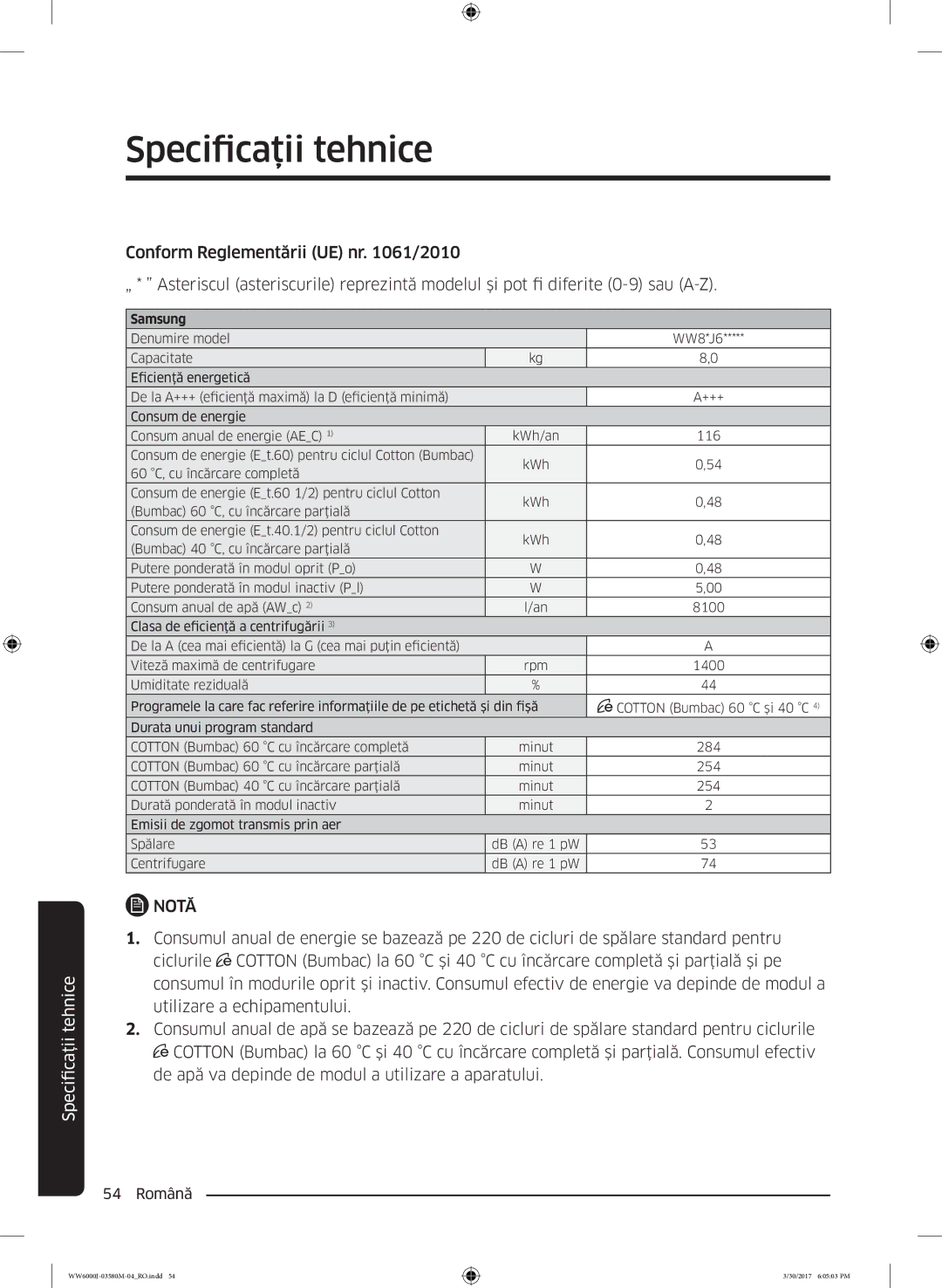 Samsung WW80J6410CW/LE, WW80J6413EW/LE manual Centrifugare 