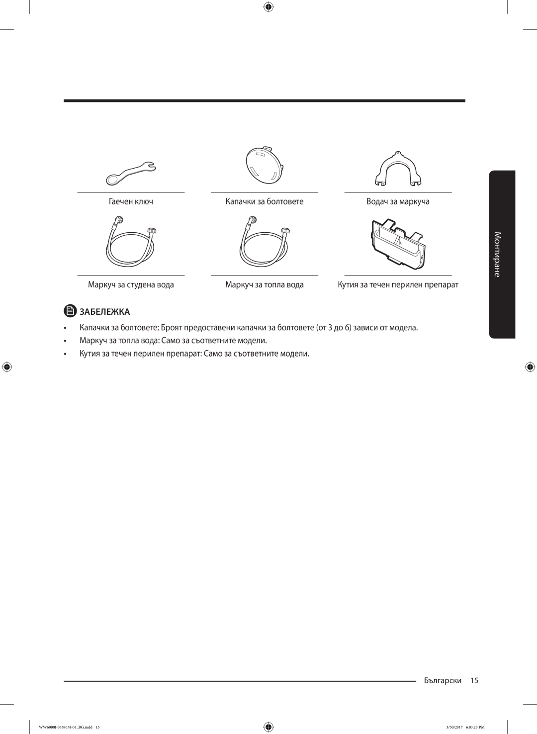 Samsung WW80J6413EW/LE, WW80J6410CW/LE manual Гаечен ключ Капачки за болтовете, Маркуч за студена вода Маркуч за топла вода 