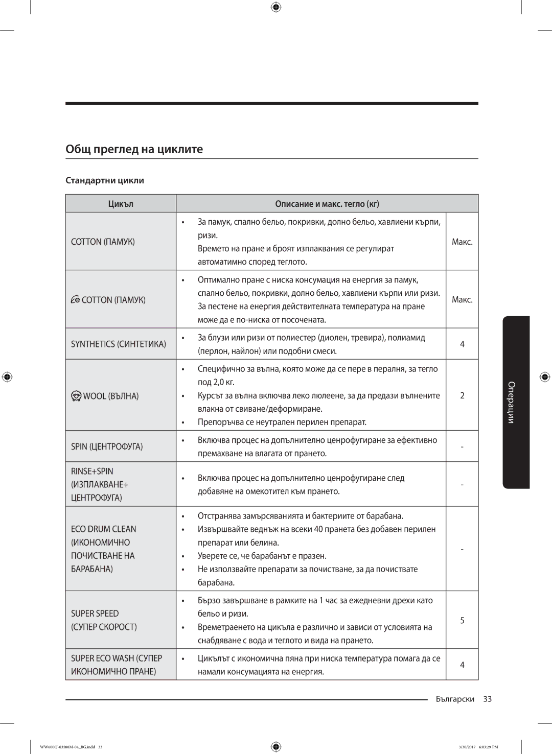 Samsung WW80J6413EW/LE, WW80J6410CW/LE manual Общ преглед на циклите, Стандартни цикли Цикъл Описание и макс. тегло кг 