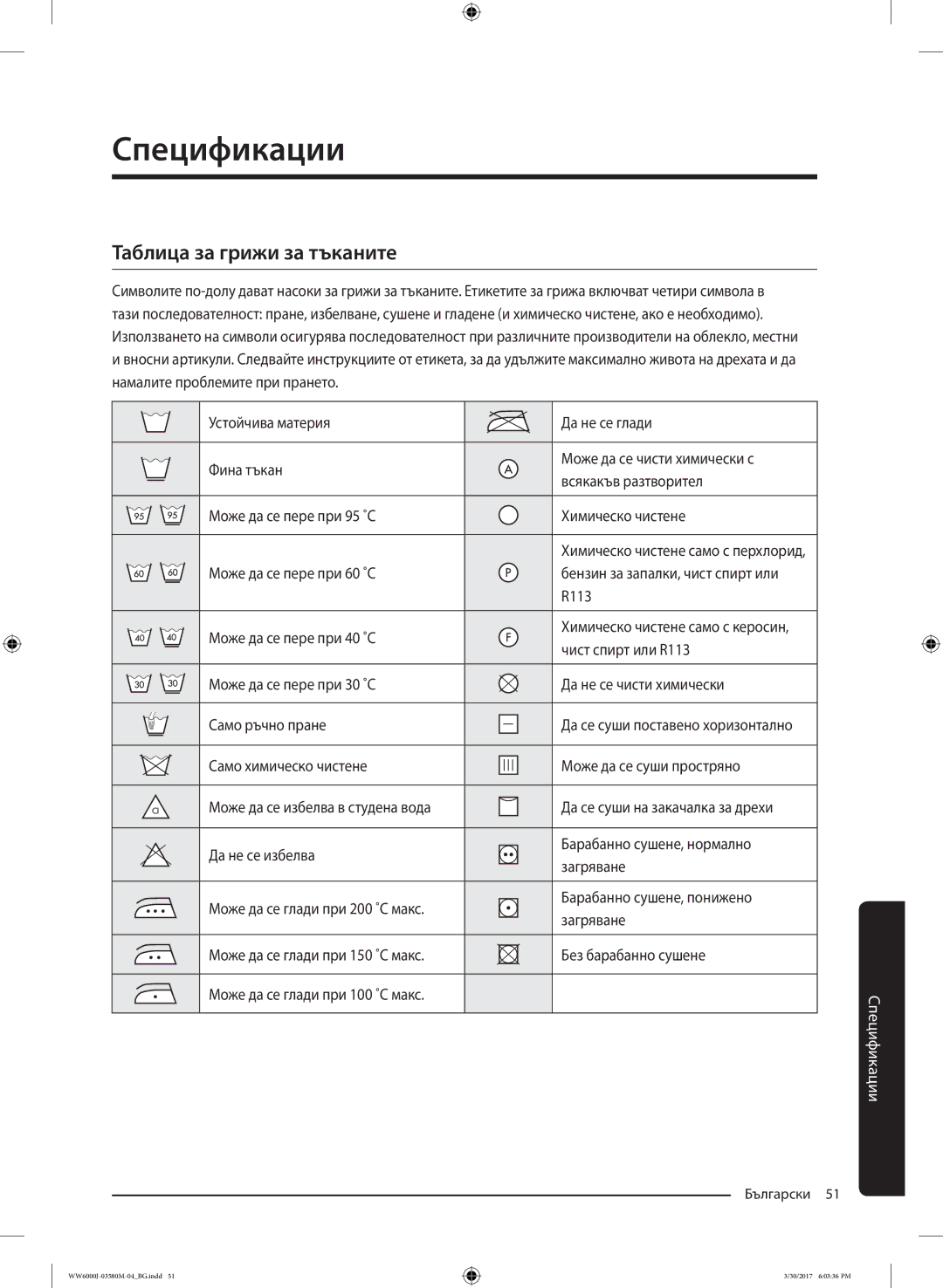 Samsung WW80J6413EW/LE, WW80J6410CW/LE manual Таблица за грижи за тъканите, Само химическо чистене Може да се суши простряно 