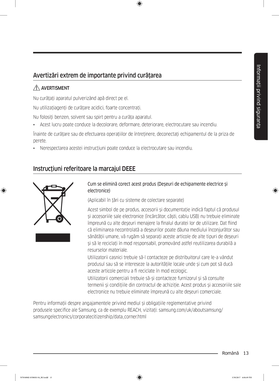 Samsung WW80J6413EW/LE manual Avertizări extrem de importante privind curăţarea, Instrucţiuni referitoare la marcajul Deee 