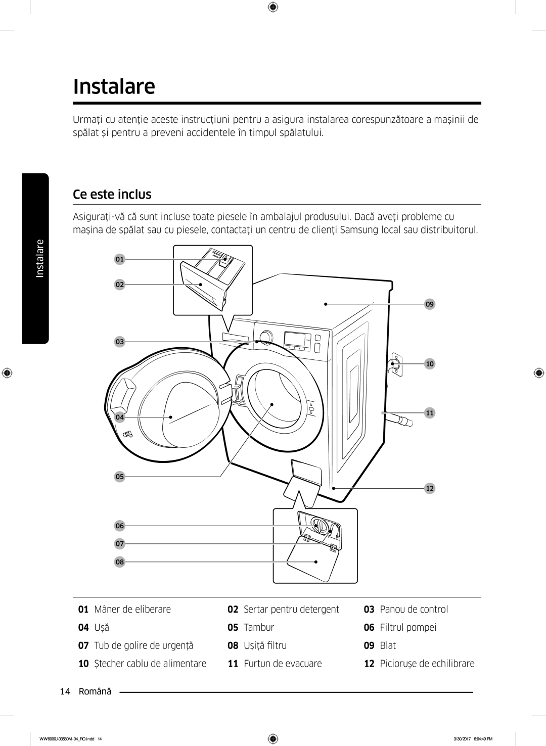 Samsung WW80J6410CW/LE, WW80J6413EW/LE manual Instalare, Ce este inclus 