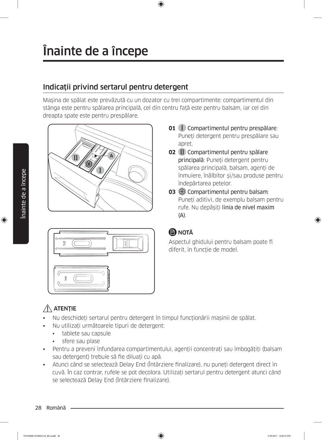 Samsung WW80J6410CW/LE, WW80J6413EW/LE manual Indicaţii privind sertarul pentru detergent 