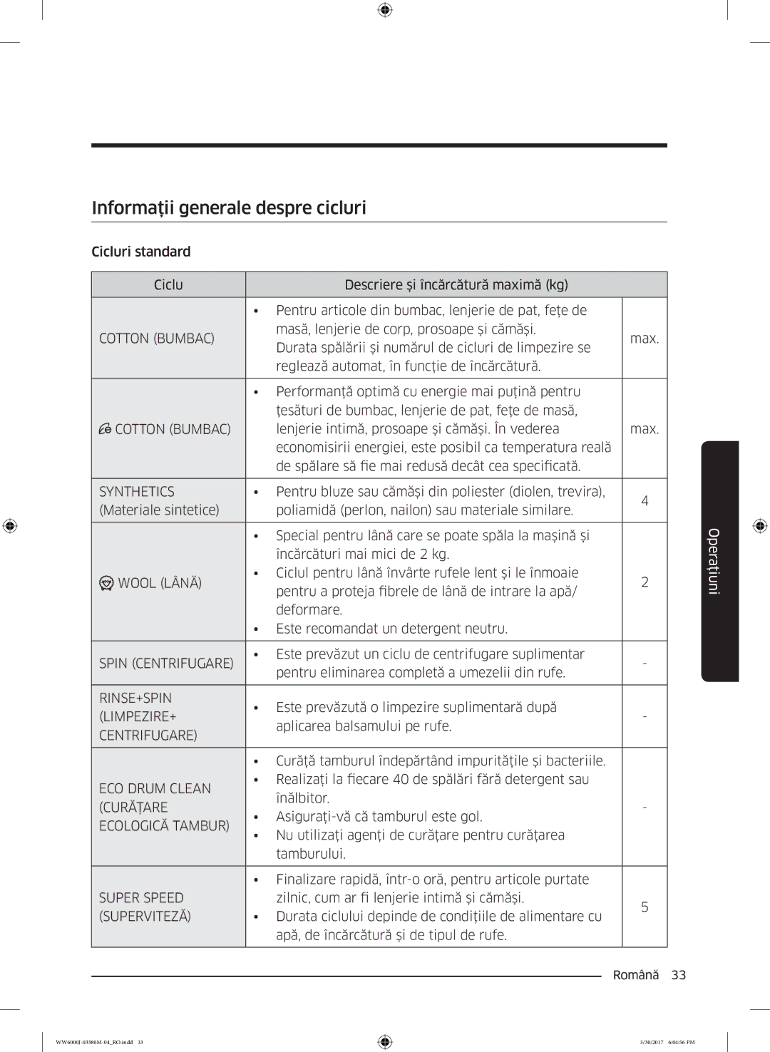 Samsung WW80J6413EW/LE, WW80J6410CW/LE manual Informaţii generale despre cicluri 