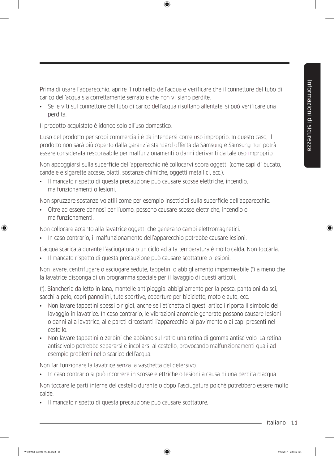 Samsung WW90J6413EW/ET, WW80J6413EW/ET, WW90J6410CW/ET, WW90J6400CW/ET, WW80J6400CW/ET manual Informazioni di sicurezza 