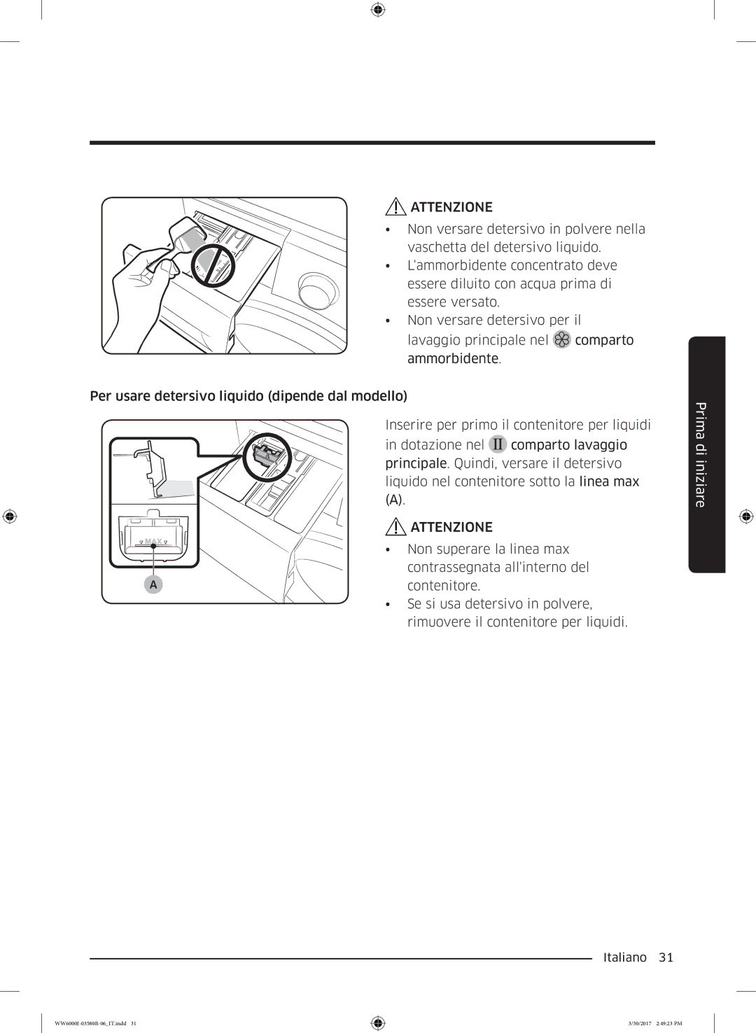 Samsung WW90J6413EW/ET, WW80J6413EW/ET, WW90J6410CW/ET, WW90J6400CW/ET, WW80J6400CW/ET manual Non superare la linea max 